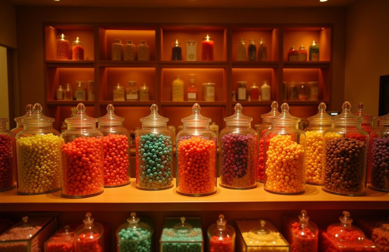 Interiør af Caravan Confections butikken med hylder fyldt med farverige slikglas.